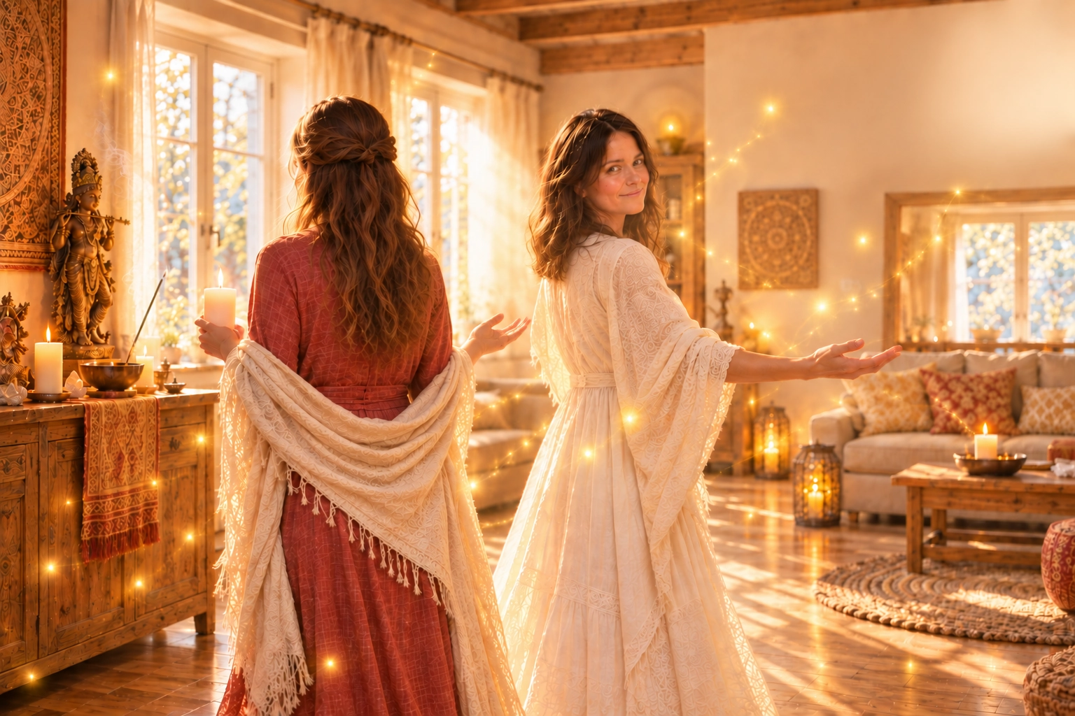 Symbolfoto "Energetische Hausreinigung". Es zeigt Satydevi und Yogita in einem Raum mit viel Licht. Satyadevi hält eine Kerze in der Hand.